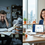 Ilustrasi perbedaan UMKM operasional manual vs UMKM dengan sistem digital terintegrasi