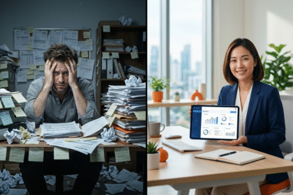 Ilustrasi perbedaan UMKM operasional manual vs UMKM dengan sistem digital terintegrasi