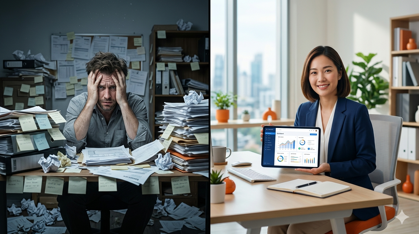 Ilustrasi perbedaan UMKM operasional manual vs UMKM dengan sistem digital terintegrasi