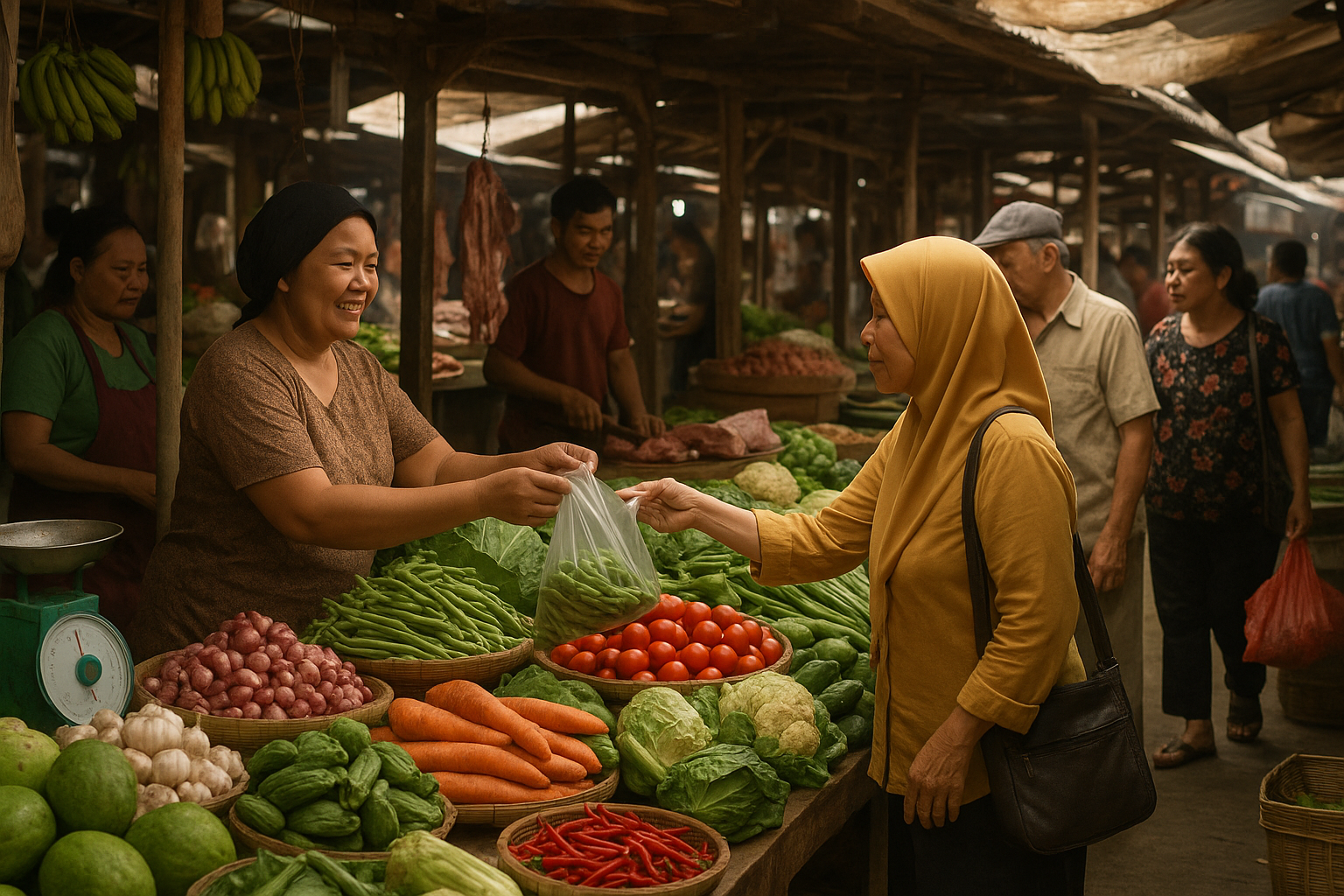 Pasar tradisional Indonesia dengan pembeli dan penjual