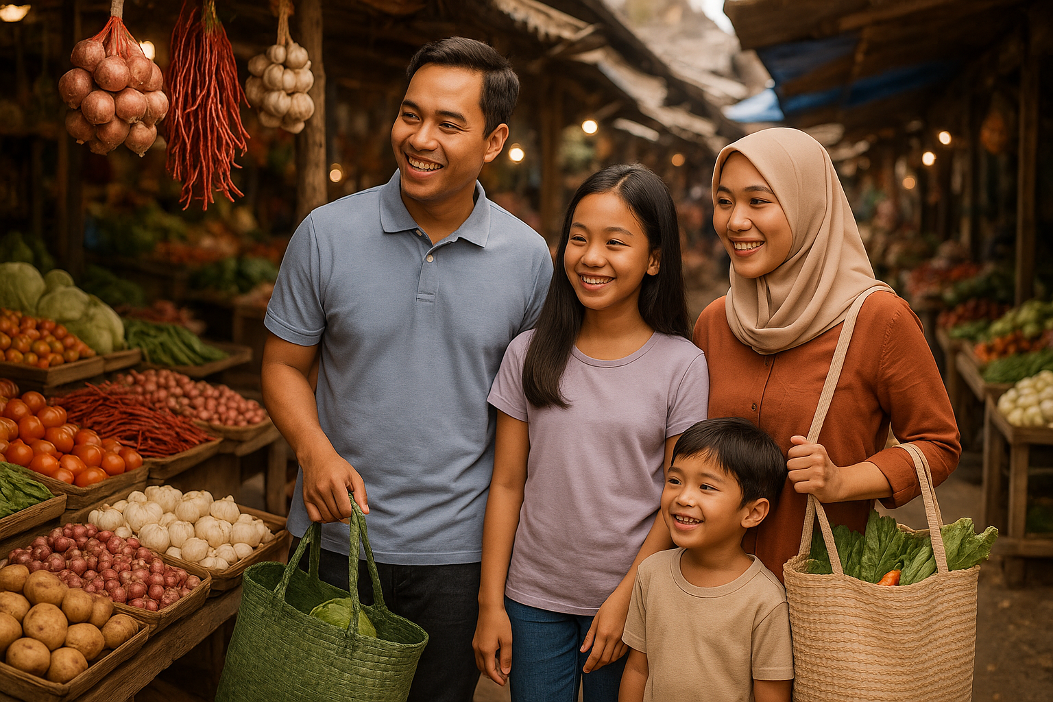 Ilustrasi kelas menengah Indonesia berbelanja di pasar tradisional